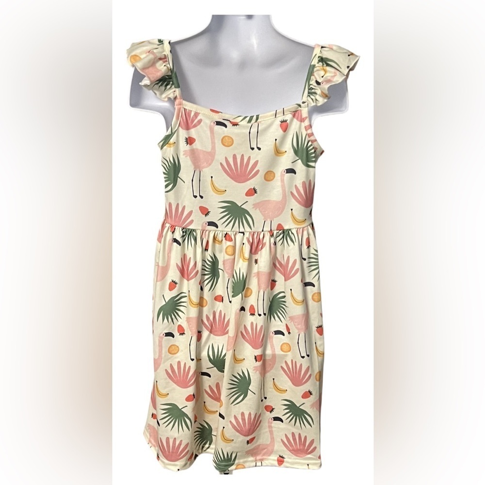 Tropical Fruits and Flamingo Ruffled Tank Sleeve Sundress NWOT Boutique